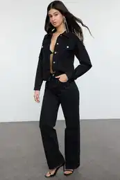 Black Stone Pocket Detailed High Waist Wide Leg Jeans