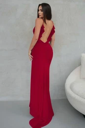 Red Fitted Ruffle Detail Long Stylish Evening Dress