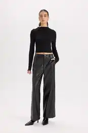 Culotte High Waist Wide Leg Faux Leather Pants with Pockets