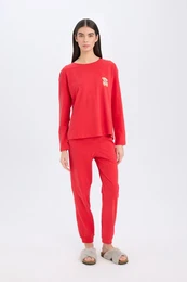 Fall in Love Christmas Themed Pajama Set Long Sleeve Top Elastic Waist Long Bottom