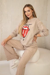 Woski Cotton set wiped with print sweatshirt + pants camel