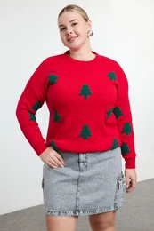 Curve Red Embroidered New Year's Themed Knitwear Sweater
