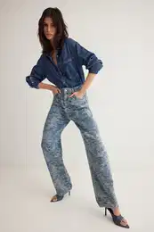 Blue Textured Low Waist Baggy Jeans