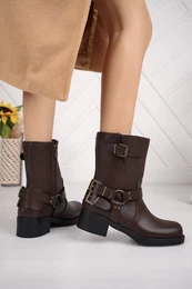 Brown Antique Buckle Detailed Motorcycle Low Heel Women's Biker Boots