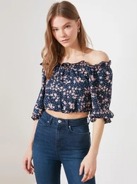 Dark Blue Floral Short Blouse with Off Shoulders - Women