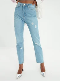 Light blue mom fit jeans with ripped effect - Women