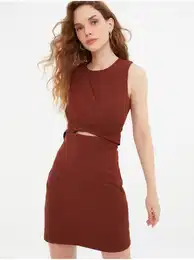Brown women's short dress with a cut-out - Women