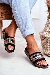 PE1 Slippers On Cork Sole With Cubic Zirconia Black-Gold Be Nice
