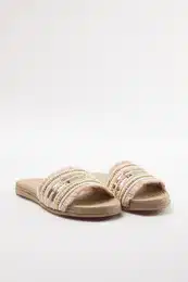 Beige Hand Knitted Sequined Women's Slippers