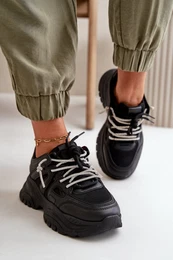 PG1 Women's Sneakers on Massive Sole with Decorative Lacing Black Relissa