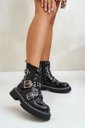 FI1 Lacquered Worker Boots With Buckles Black Serizia