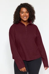 Curve Burgundy Stand Collar Zip Thessaloniki Slim Knitted Sweatshirt