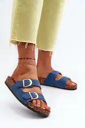 FB2 Women's denim clogs on cork platform with dark blue straps Doretta