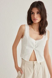White Square Neck Strap Crop Woven Blouse