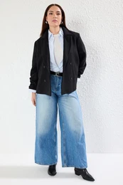 Curve Black Double Breasted Closure Lined Coat