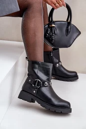 PE1 Ankle Boots With Flat Heel Insulated With Decorative Straps Black Felilania