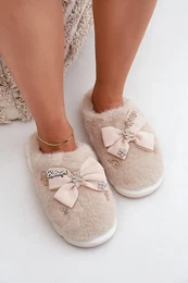 PS1 Furry Slippers With Bow And Embellishments Beige Annalira