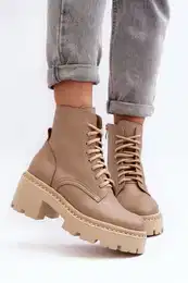 3413 Women's Leather Ankle Boots with Chunky Heel Beige