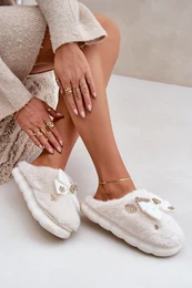 PS1 Furry Slippers With Bow And Pins White Annalira