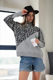 90315 Half Turtleneck Leopard Womens Sweater-GREY
