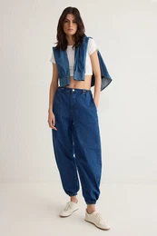 Dark Blue Elastic Waist High Waist Balloon Jogger Jeans