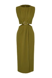 Oil Green A-Line Cut Out and Accessory Detailed Midi Woven Crepe Dress
