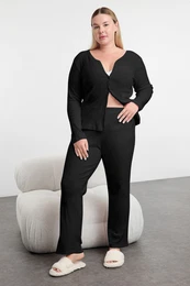 Curve Black Brushed Soft Ribbed Cardigan Knitted Pajama Set