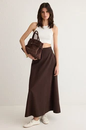 Brown Flounce Maxi Denim Skirt