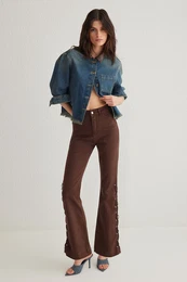 Brown Eyelet Side Lace High Waist Flare Jeans