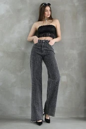 Black Textured High Waist Wide Leg Jeans