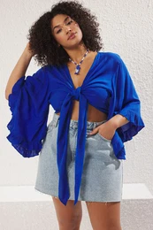 Curve Indigo Crop Sleeve Ruffle Flounce Double Breasted Beach Wear Plus Size Blouse