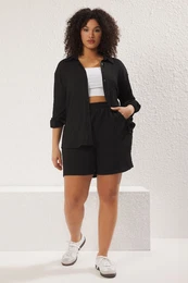 Curve Black Regular Fit Shirt Collar Textured Fabric Knitting Stretchy Plus Size Shirt