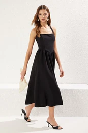 Black A-Line Bow Detail Woven Chic Dress