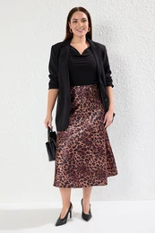 Curve Brown Leopard/Animal Patterned Satin Woven Plus Size Skirt