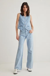 Light Blue Floral Embroidered High Waist Wide Leg Jeans