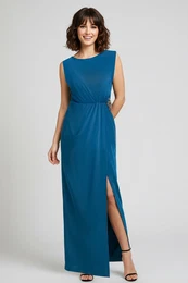 Petrol Accessories Detailed Woven Long Elegant Evening Dress & Graduation Dress
