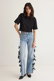Blue Ribbon/Bow Detailed Normal Waist Wide Leg Jeans
