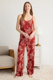 Cinnamon Tiger Patterned Rope Strap Viscose Woven Pajama Set