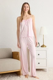 Pink Floral Tied and Rope Suspender Knitted Pajama Set