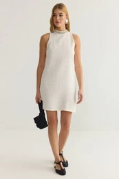 Ecru A Cut Stone Accessory Detail Mini Woven Tweed Dress
