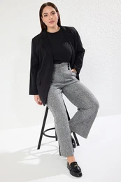 Curve Grey Winter High Waist Wide Leg Woven Plus Size Trousers