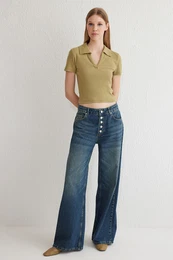 Dark Blue Button Front Low Waist Wide Leg Jeans