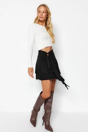 Black Ruffle Detailed Flounce Mini Knitted Skirt