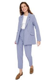 Light Blue Blazer Jacket-Pants Woven Bottom-Top Set