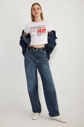 Dark Blue Pocket Detailed Normal Waist Skater Baggy Fit Jeans
