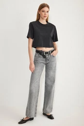 Grey Premium Low Waist Wide Leg Jeans