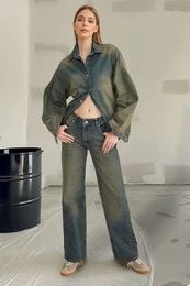 Dark Blue Premium Vintage Wash Effect Low Waist Wide Leg Jeans