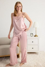 Pink Lace, Slit and Ribbon/Bow Detail Satin Woven Pajama Set
