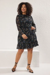 Curve Black Stand Collar Chiffon Crisp Floral Patterned Woven Plus Size Dress