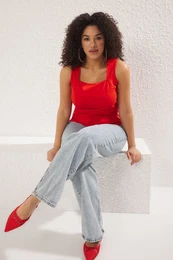 Curve Red Plain Square Neck Strappy Gathered Knitted Blouse